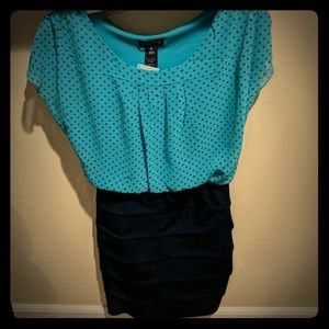 Fitted blue polka dot dress